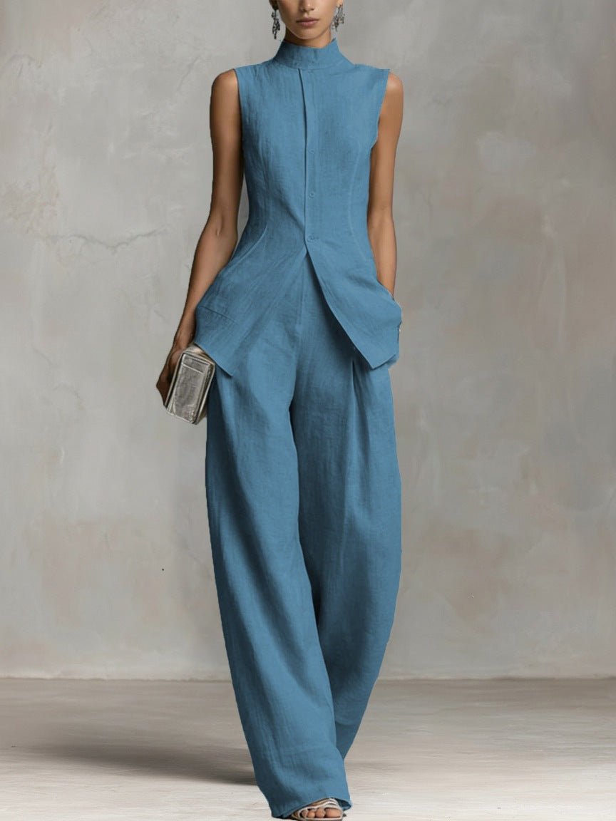 Isadora │ Women's Linen Stand Collar Sleeveless Top And Wide-Leg Trousers Two-Piece Set