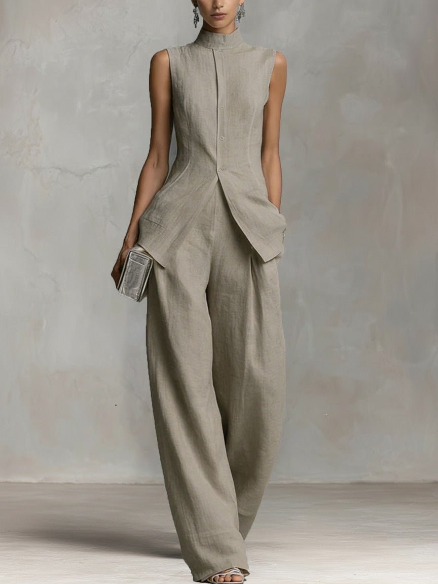 Isadora │ Women's Linen Stand Collar Sleeveless Top And Wide-Leg Trousers Two-Piece Set