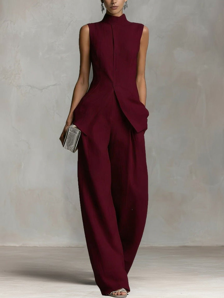 Isadora │ Women's Linen Stand Collar Sleeveless Top And Wide-Leg Trousers Two-Piece Set