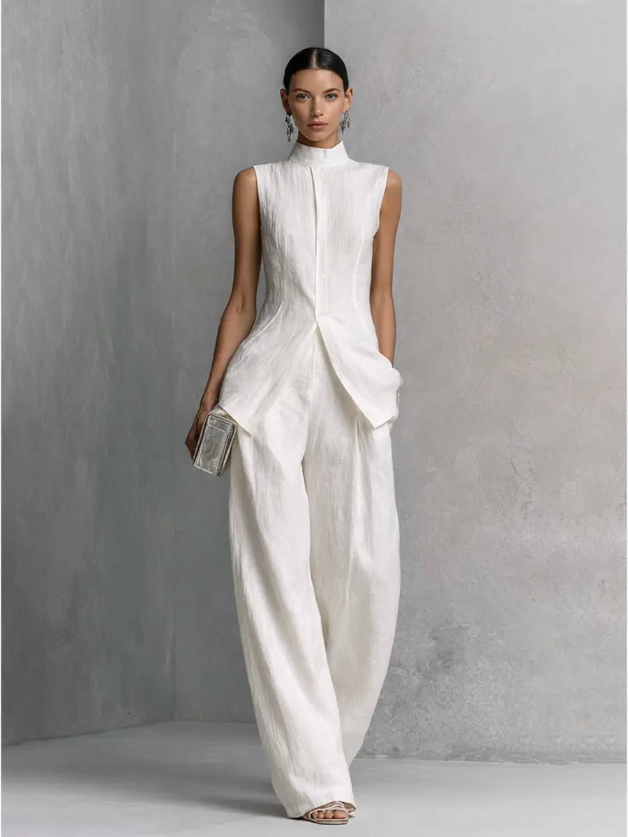 Isadora │ Women's Linen Stand Collar Sleeveless Top And Wide-Leg Trousers Two-Piece Set