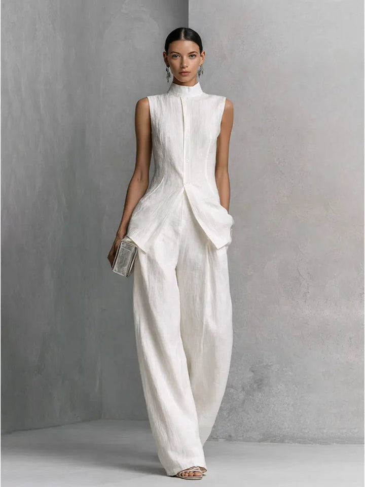 Isadora │ Women's Linen Stand Collar Sleeveless Top And Wide-Leg Trousers Two-Piece Set