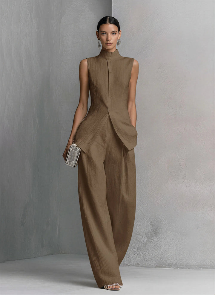Isadora │ Women's Linen Stand Collar Sleeveless Top And Wide-Leg Trousers Two-Piece Set