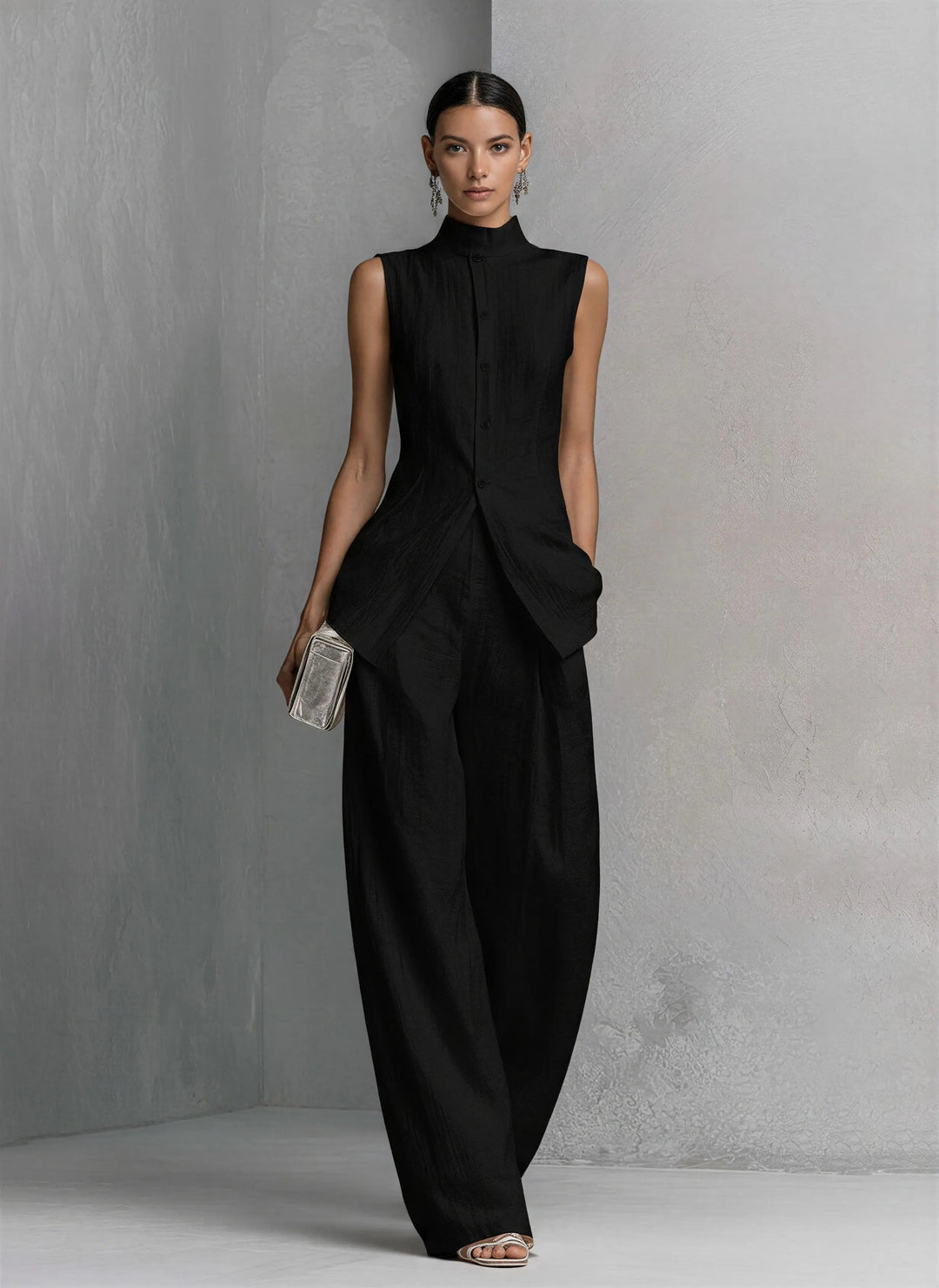 Isadora │ Women's Linen Stand Collar Sleeveless Top And Wide-Leg Trousers Two-Piece Set