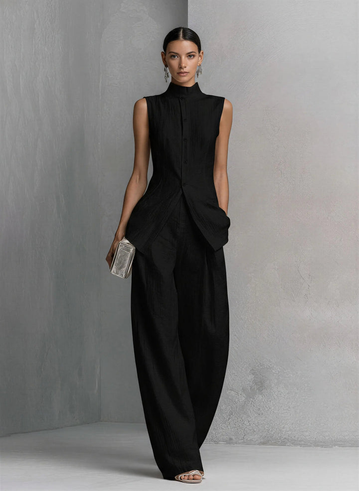 Isadora │ Women's Linen Stand Collar Sleeveless Top And Wide-Leg Trousers Two-Piece Set
