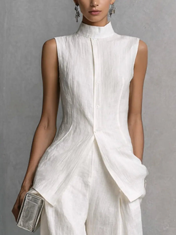 Isadora │ Women's Linen Stand Collar Sleeveless Top And Wide-Leg Trousers Two-Piece Set