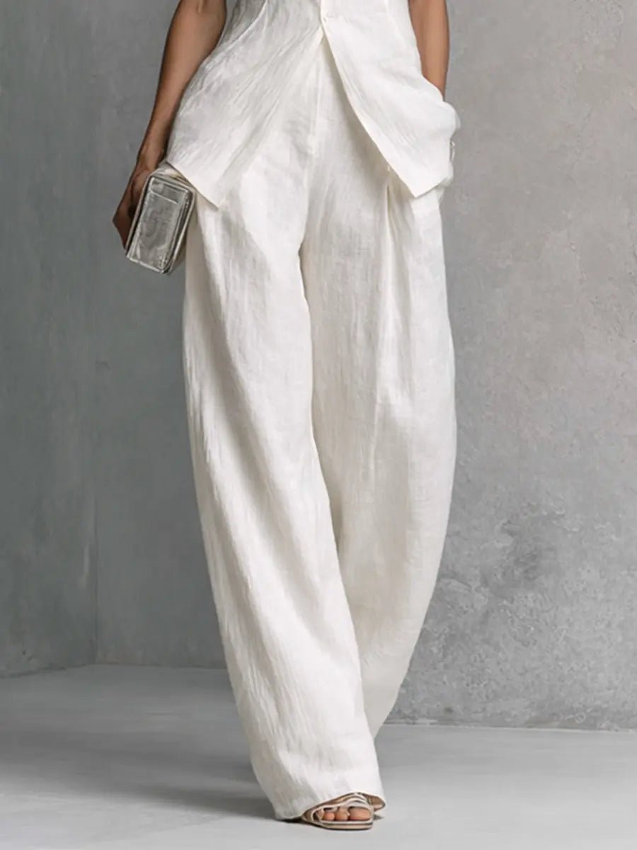 Isadora │ Women's Linen Stand Collar Sleeveless Top And Wide-Leg Trousers Two-Piece Set