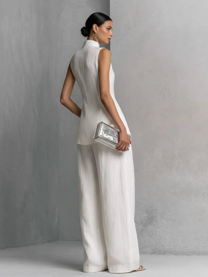 Isadora │ Women's Linen Stand Collar Sleeveless Top And Wide-Leg Trousers Two-Piece Set