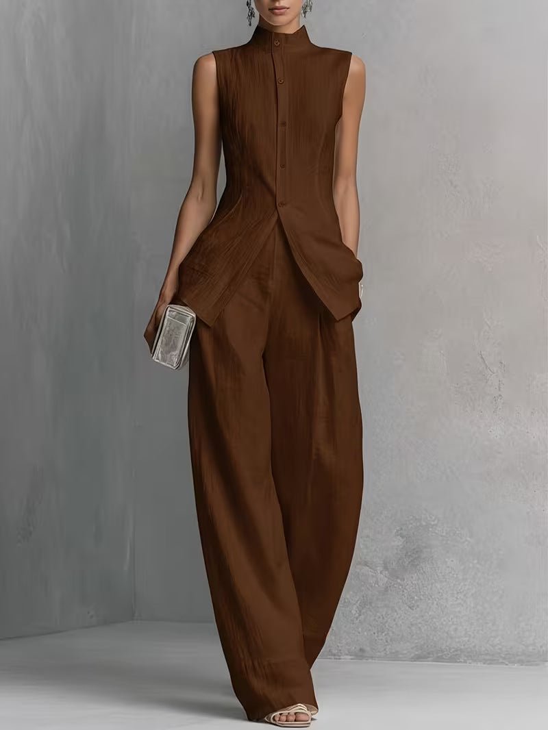 Isadora │ Women's Linen Stand Collar Sleeveless Top And Wide-Leg Trousers Two-Piece Set