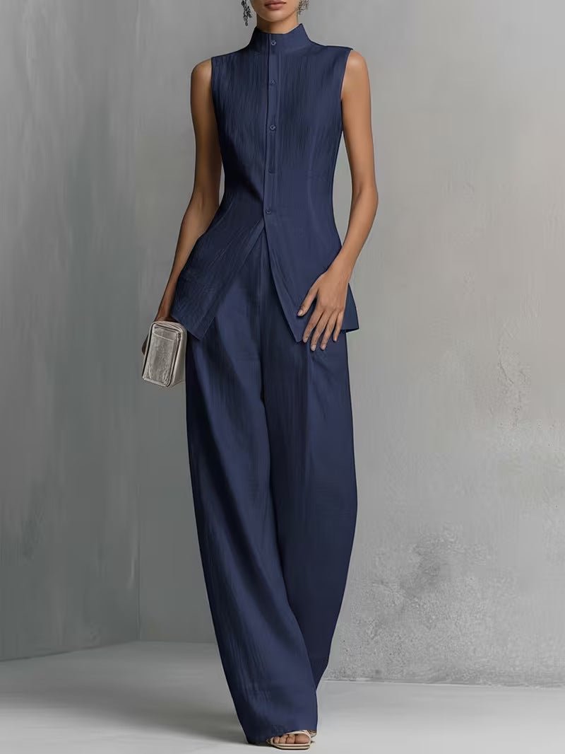 Isadora │ Women's Linen Stand Collar Sleeveless Top And Wide-Leg Trousers Two-Piece Set