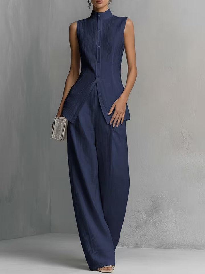 Isadora │ Women's Linen Stand Collar Sleeveless Top And Wide-Leg Trousers Two-Piece Set