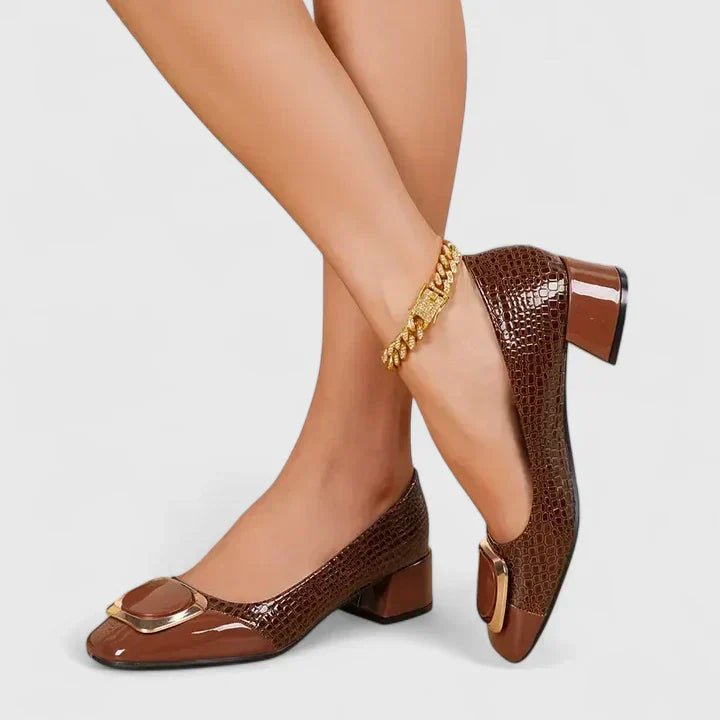 Miriam │ Women's Block Heel Court Shoes With Croc Emboss And Gold Buckle Detail