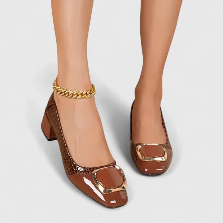 Miriam │ Women's Block Heel Court Shoes With Croc Emboss And Gold Buckle Detail