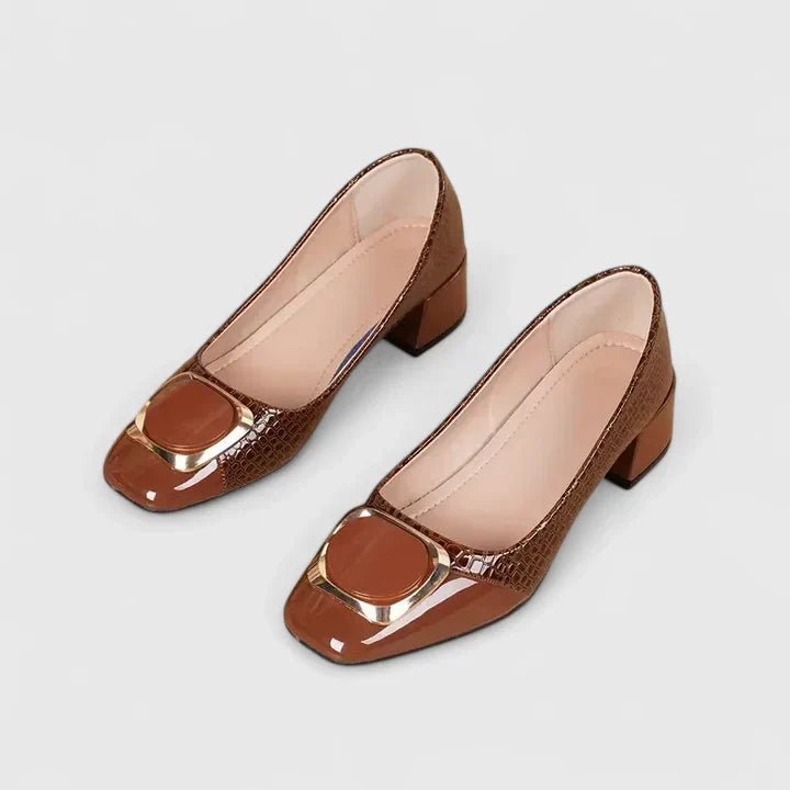 Miriam │ Women's Block Heel Court Shoes With Croc Emboss And Gold Buckle Detail