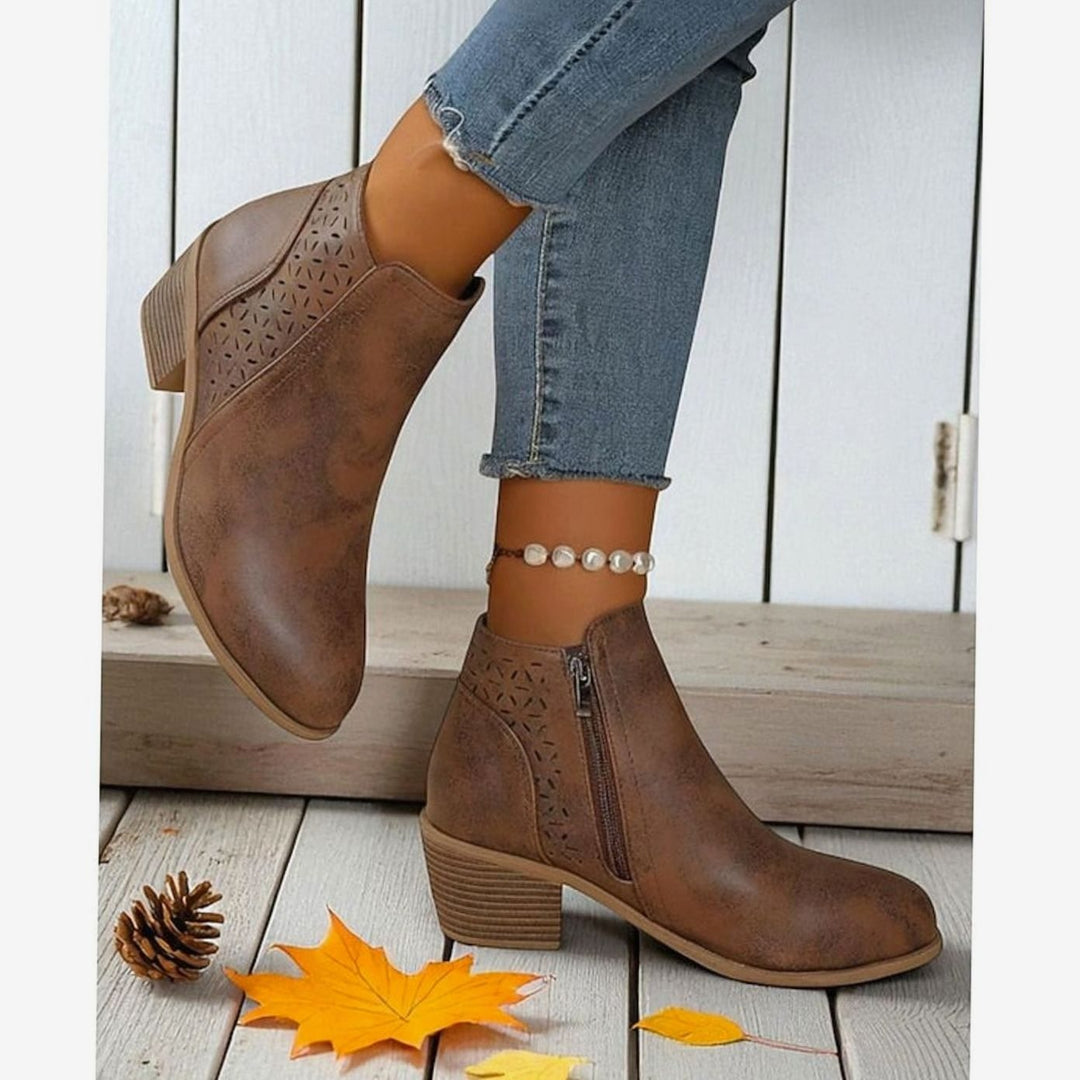 Women's Cutout Low Block-Heel Ankle Boots Side Zip
