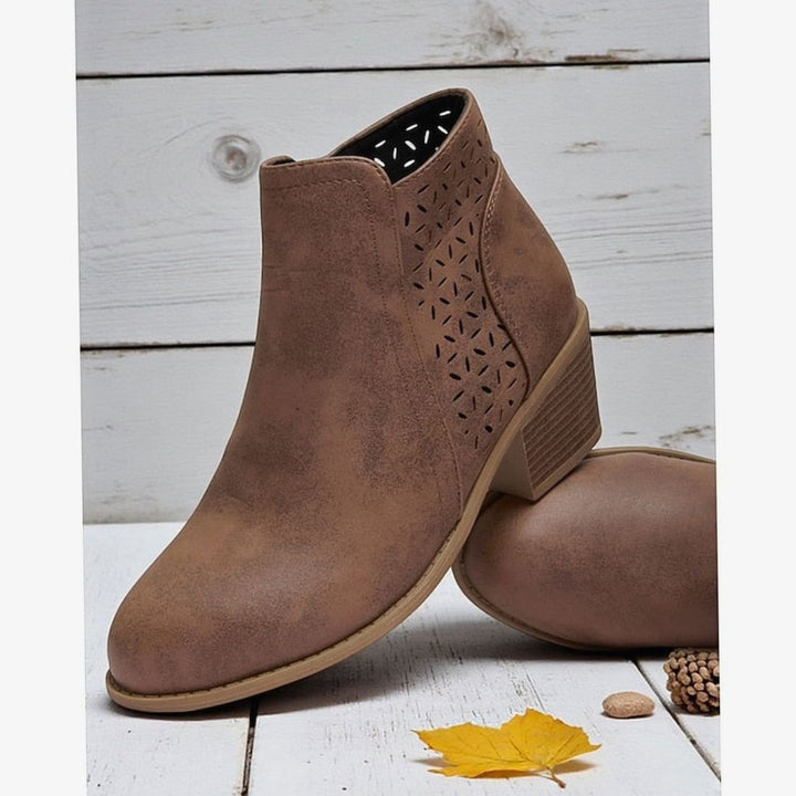 Women's Cutout Low Block-Heel Ankle Boots Side Zip