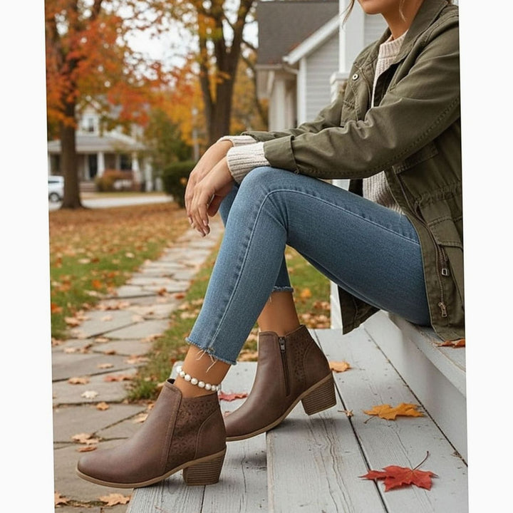 Women's Cutout Low Block-Heel Ankle Boots Side Zip