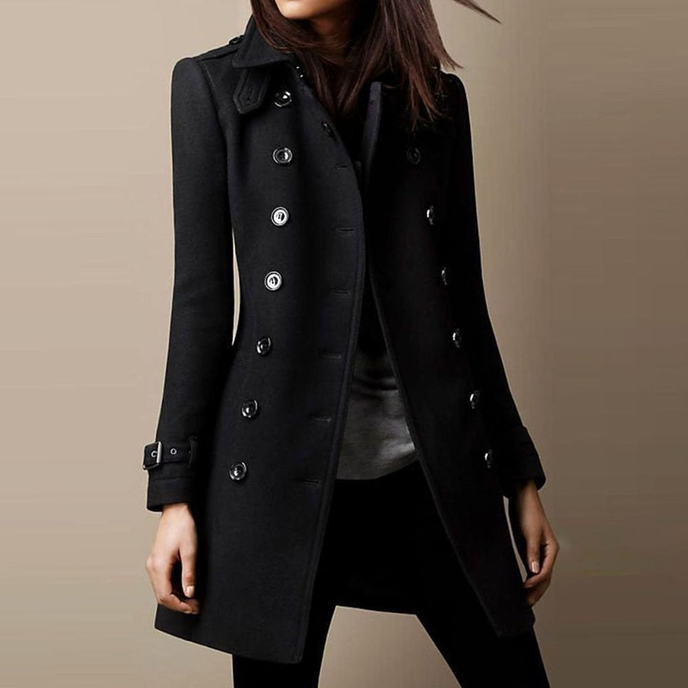 Women's Double-Breasted Mid-Length Winter Coat Notch Lapel - Black