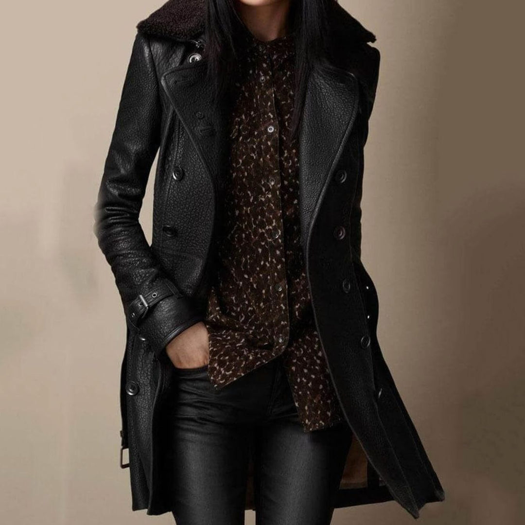 Women's Double-Breasted Shearling-Collar Belted Leather Longline Coat