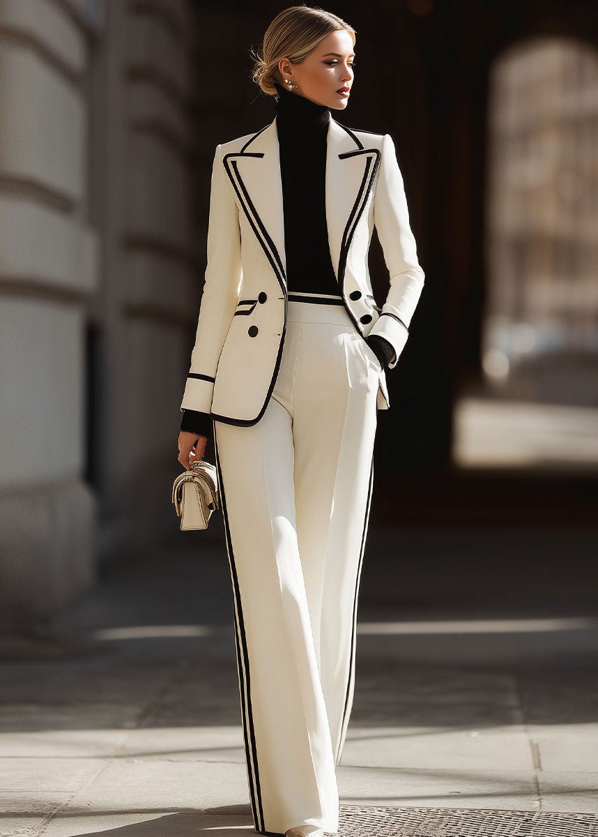 Araminta │ Women's Contrast Trim Double-Breasted Blazer And Wide-Leg Trousers Suit Set