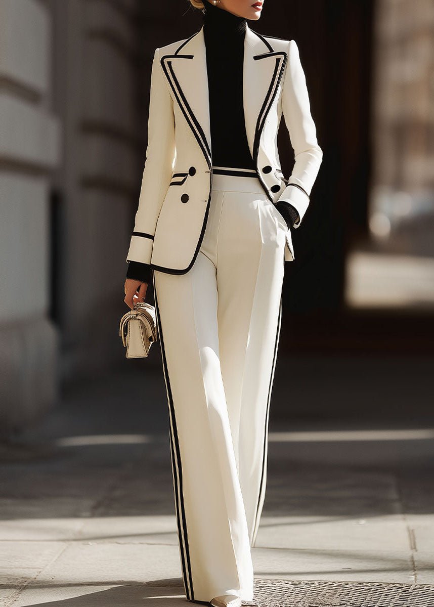 Araminta │ Women's Contrast Trim Double-Breasted Blazer And Wide-Leg Trousers Suit Set