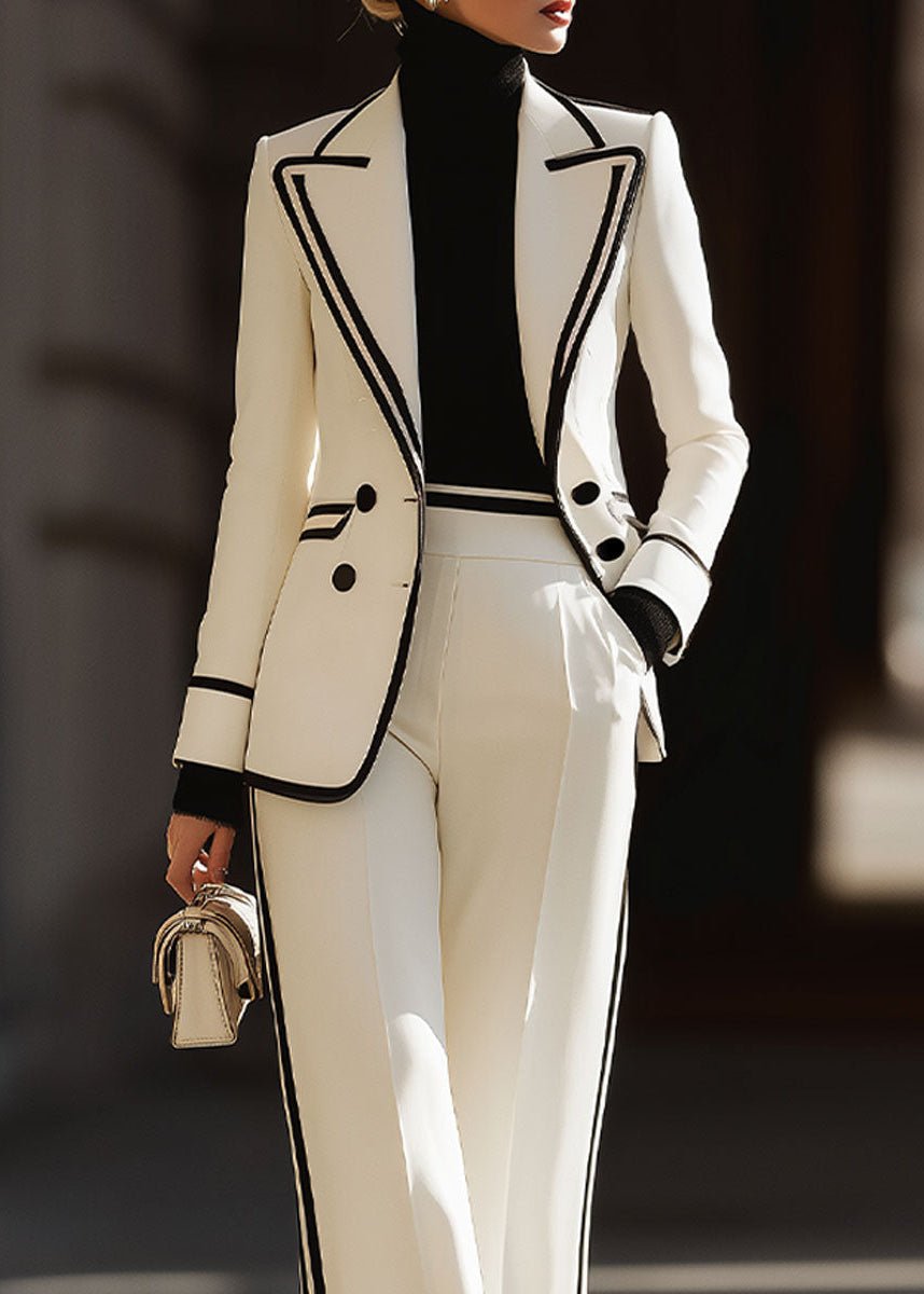 Araminta │ Women's Contrast Trim Double-Breasted Blazer And Wide-Leg Trousers Suit Set