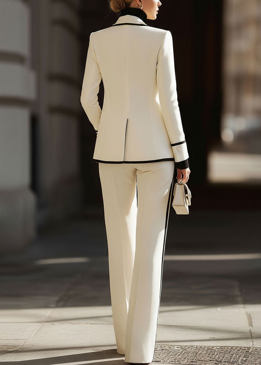 Araminta │ Women's Contrast Trim Double-Breasted Blazer And Wide-Leg Trousers Suit Set