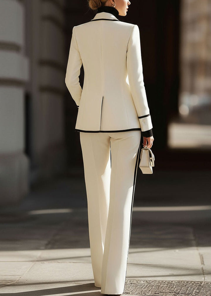 Araminta │ Women's Contrast Trim Double-Breasted Blazer And Wide-Leg Trousers Suit Set