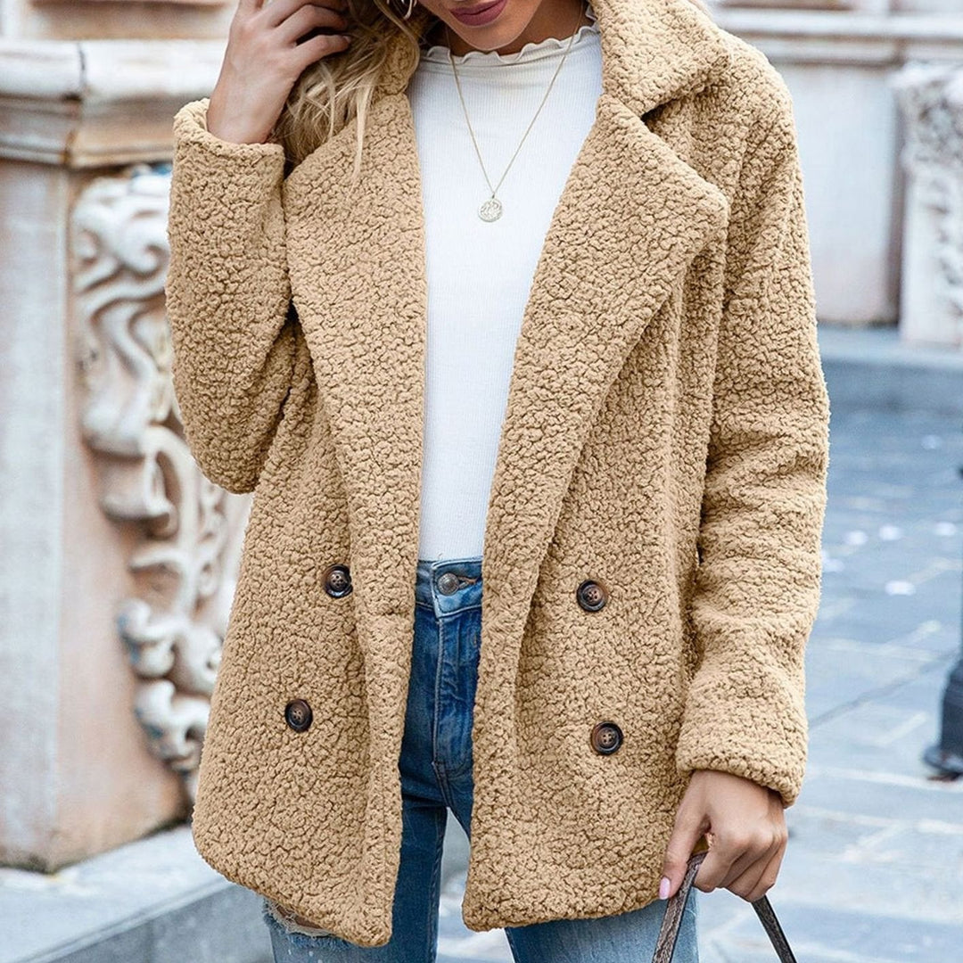 Women's Double-Breasted Teddy Winter Coat Notched Lapel - Khaki