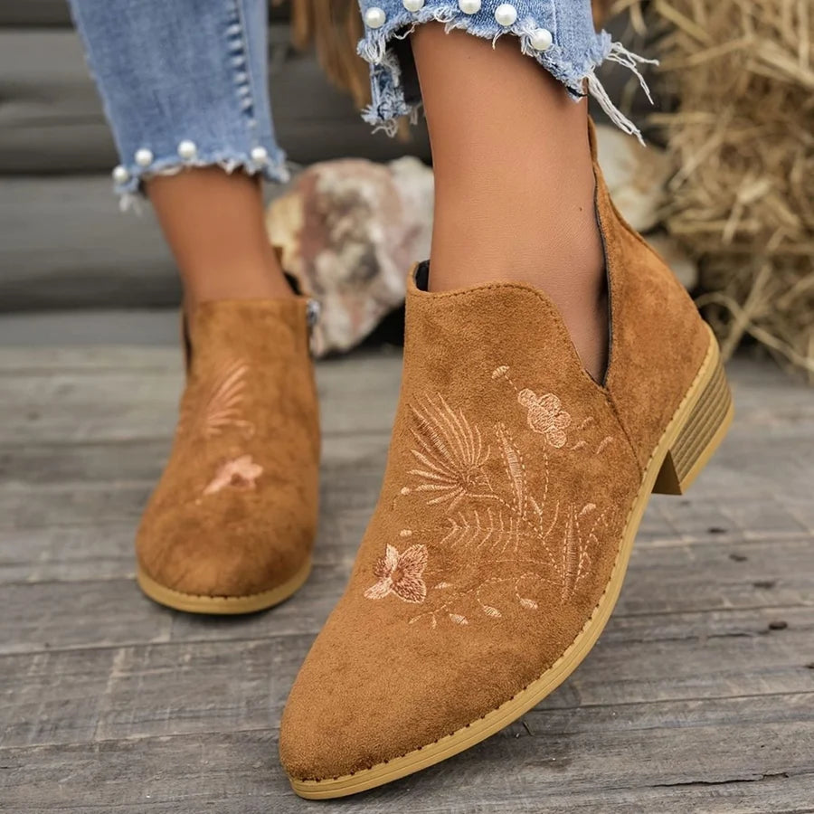 Vivienne │ Women's Embroidered Pointed-Toe Ankle Boots With Block Heel And Side Zip