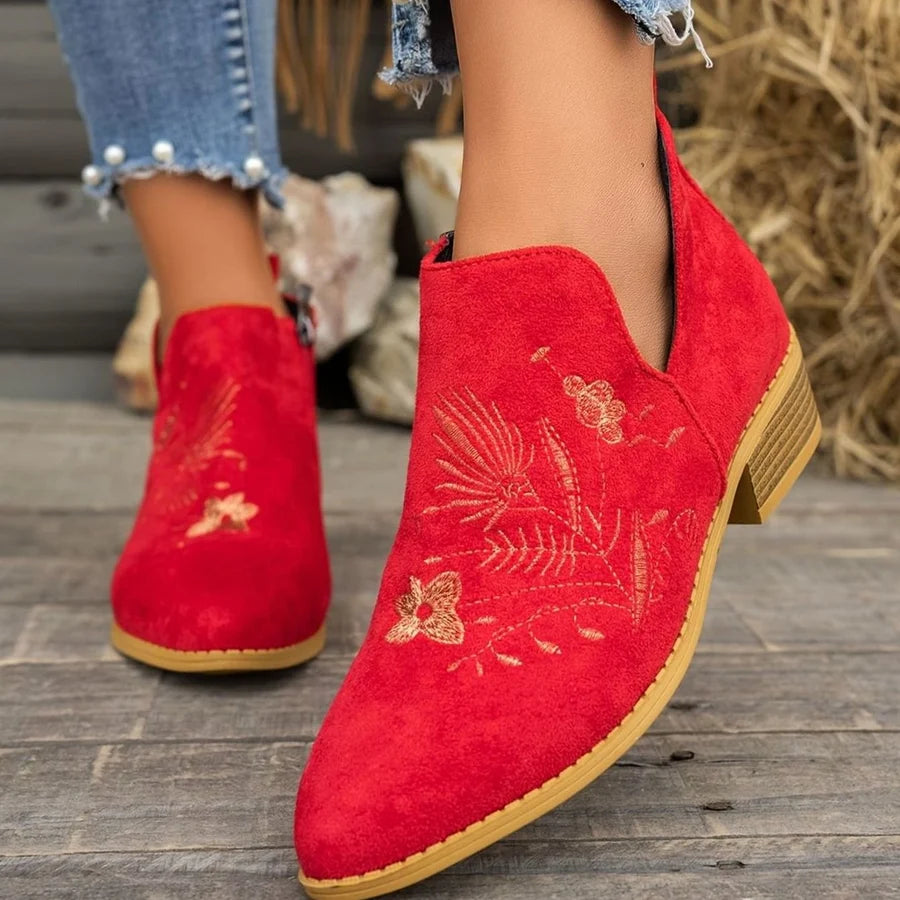 Vivienne │ Women's Embroidered Pointed-Toe Ankle Boots With Block Heel And Side Zip