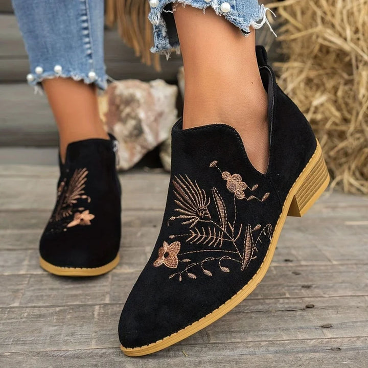 Vivienne │ Women's Embroidered Pointed-Toe Ankle Boots With Block Heel And Side Zip