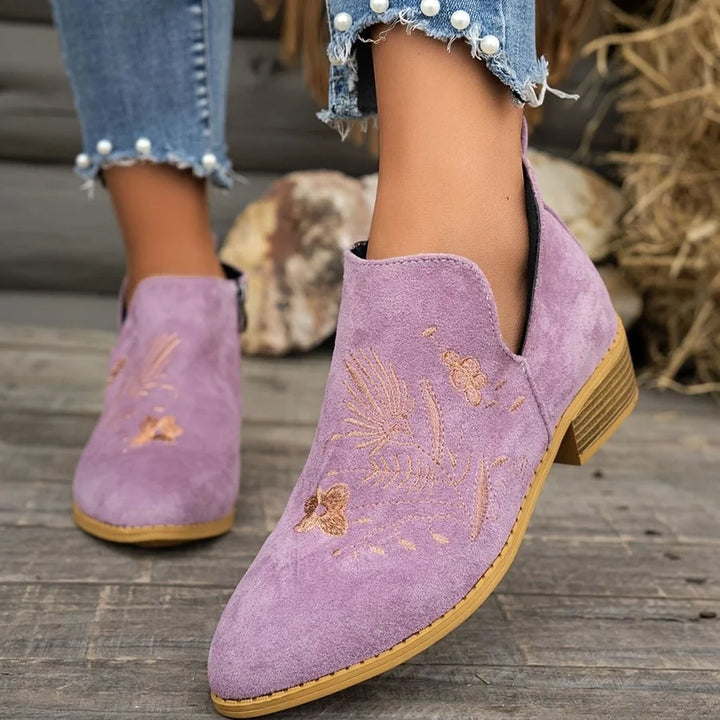 Vivienne │ Women's Embroidered Pointed-Toe Ankle Boots With Block Heel And Side Zip