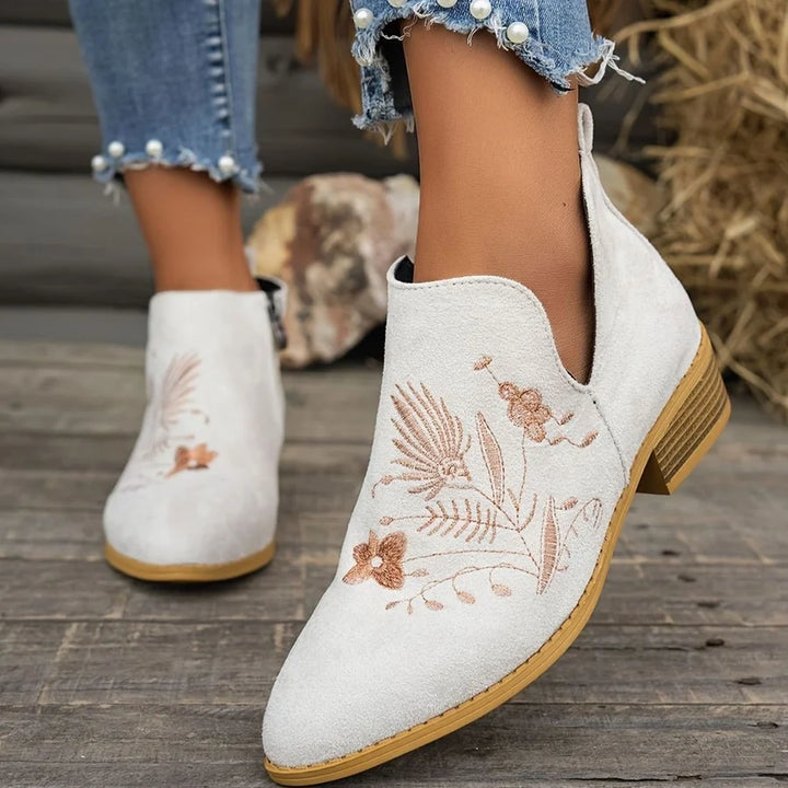 Vivienne │ Women's Embroidered Pointed-Toe Ankle Boots With Block Heel And Side Zip