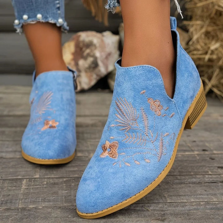 Vivienne │ Women's Embroidered Pointed-Toe Ankle Boots With Block Heel And Side Zip