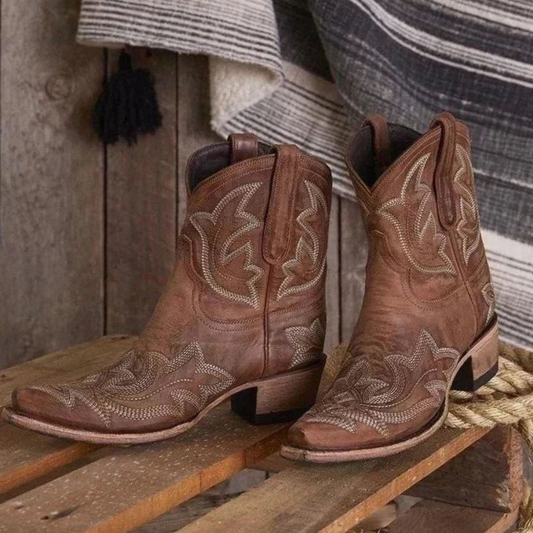 Women's Embroidered Western Cowgirl Ankle Boots Block Heel - Brown