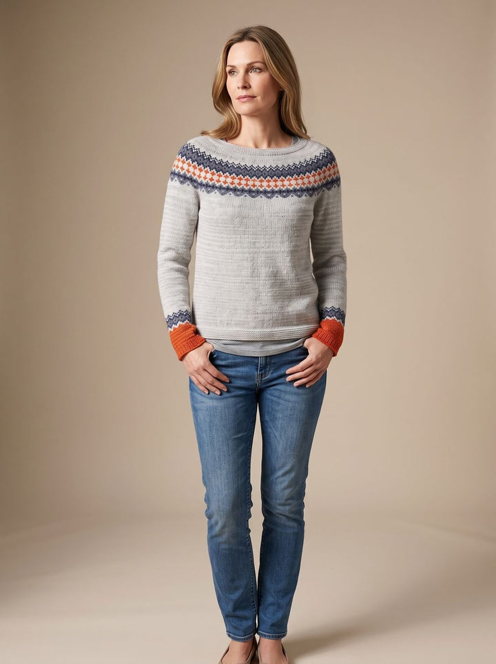 Women's Fair Isle Crew Neck Relaxed-Fit Knit Sweater - Light Grey
