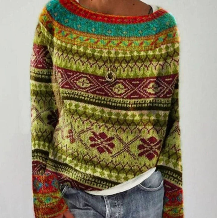 Women's Fair Isle Crew Neck Relaxed-Fit Knit Sweater - Yellow Green