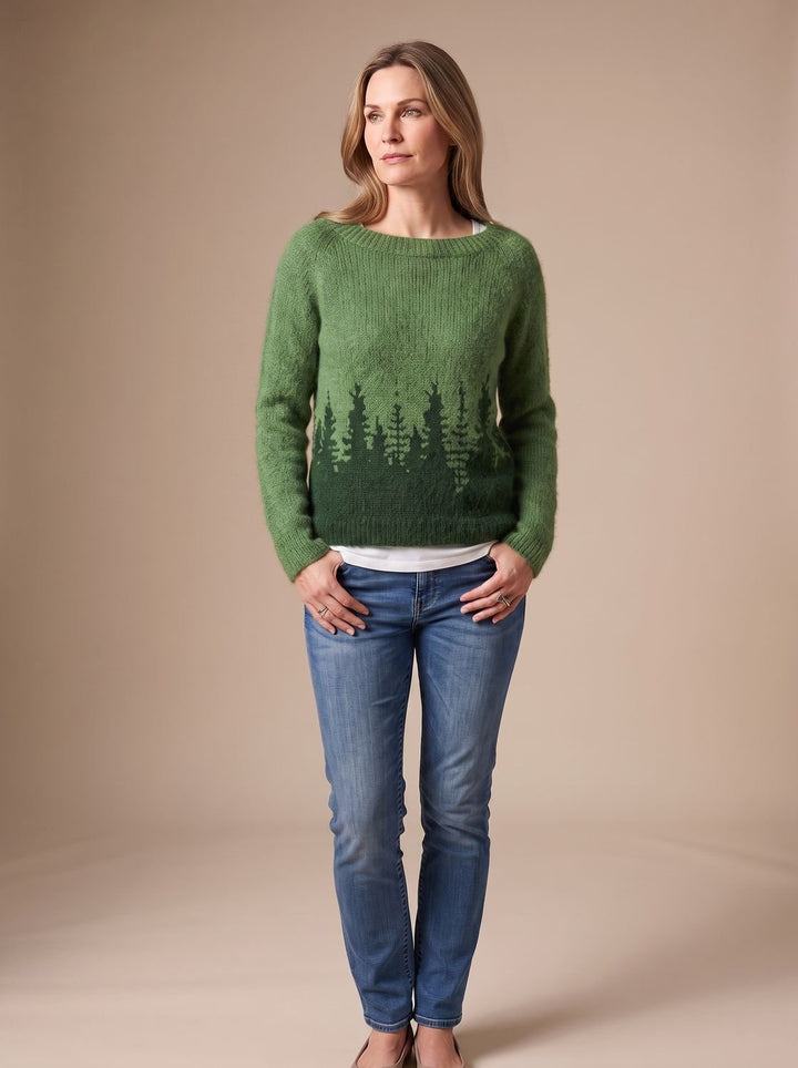 Women's Fair Isle Crew Neck Relaxed-Fit Knit Sweater - Green Silhouette