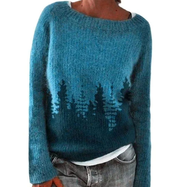Women's Fair Isle Crew Neck Relaxed-Fit Knit Sweater - Blue Silhouette
