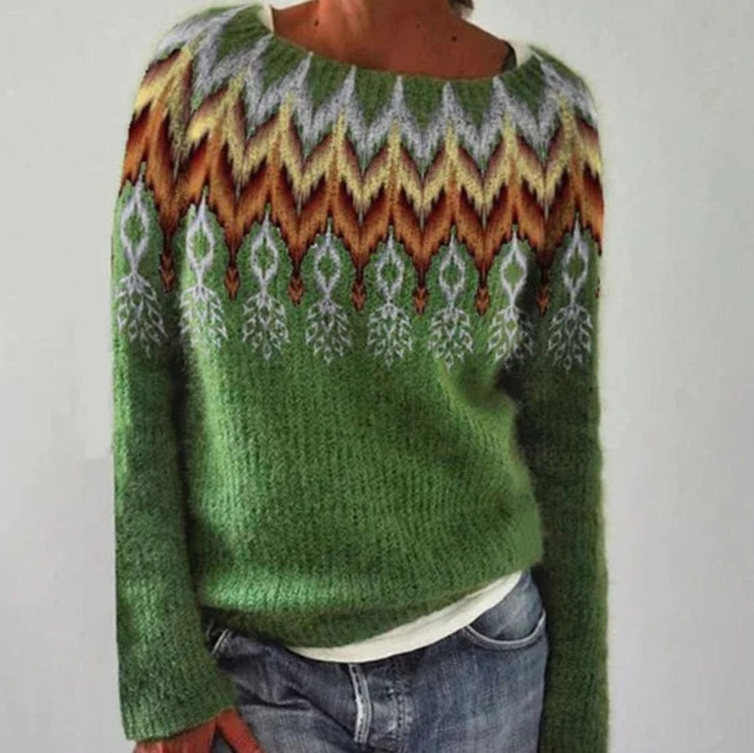 Women's Fair Isle Crew Neck Relaxed-Fit Knit Sweater - Green Feather