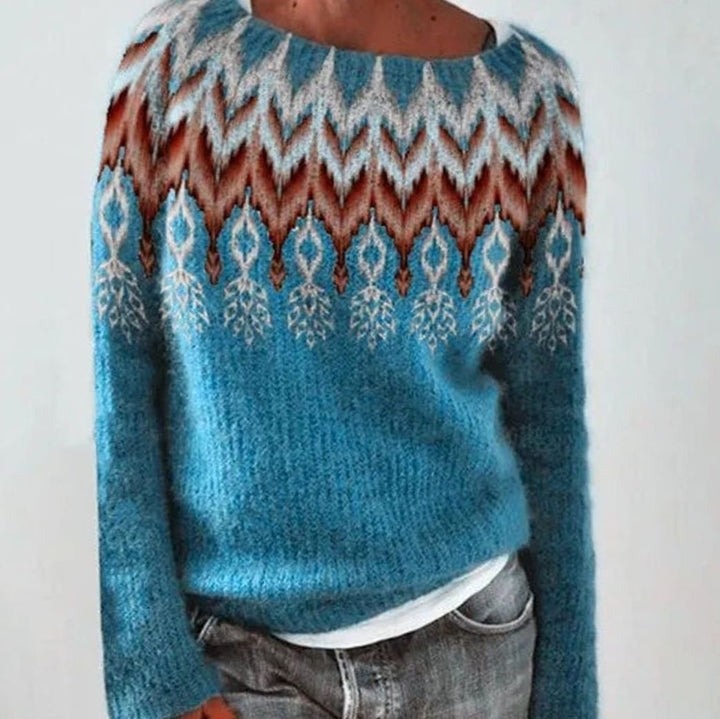 Women's Fair Isle Crew Neck Relaxed-Fit Knit Sweater - Blue Feather