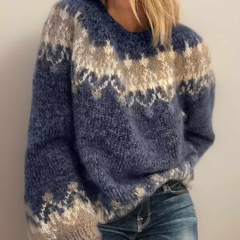 Women's Fairisle Jacquard Knit Sweater Cosy Icelandic Jumper - Blue
