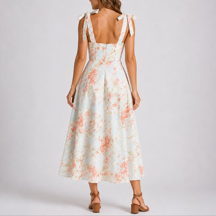 Women's Fall Wedding Guest Dresses Floral Ruched Tie-Shoulder Midi Dress
