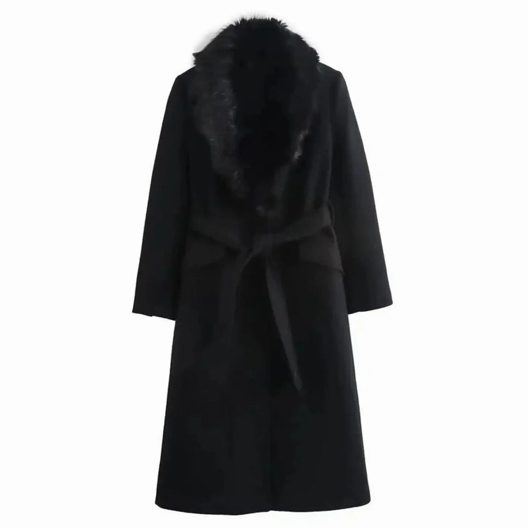 Women's Faux Fur Collar Belted Longline Winter Coat - Black