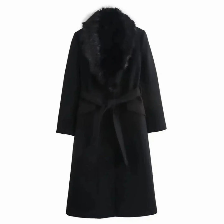 Women's Faux Fur Collar Belted Longline Winter Coat - Black