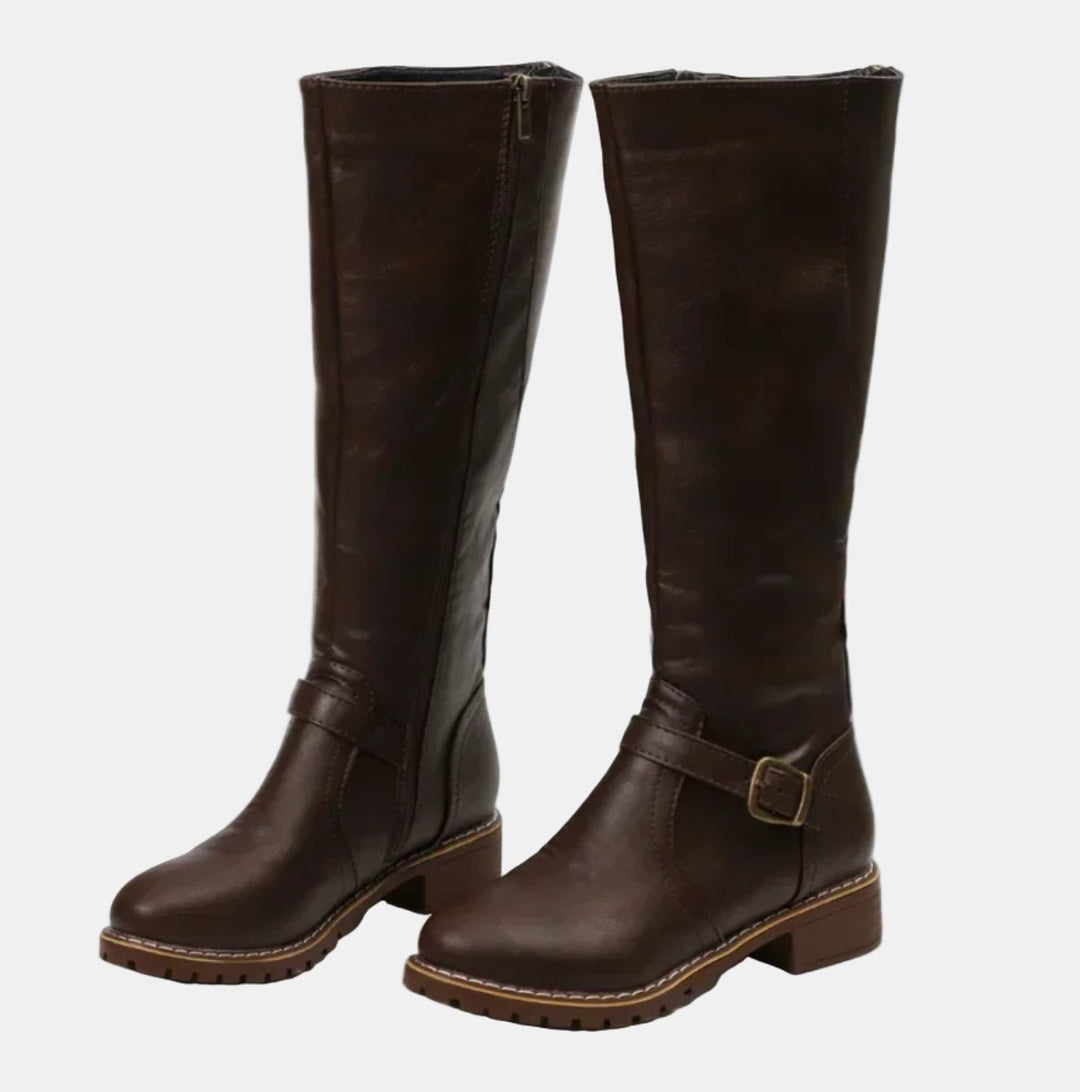 Women's Faux Leather Buckle Knee High Boots
