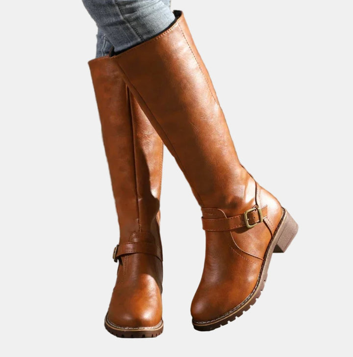 Women's Faux Leather Buckle Knee High Boots - Brown