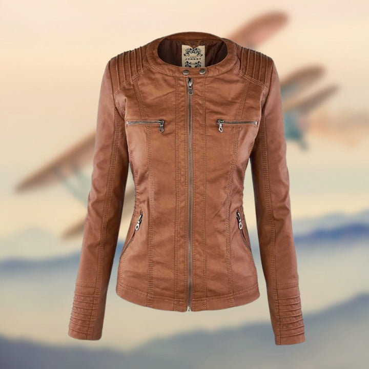 Women's Faux Leather Zip-Up Biker Jacket Ribbed Shoulder Detail - Gold