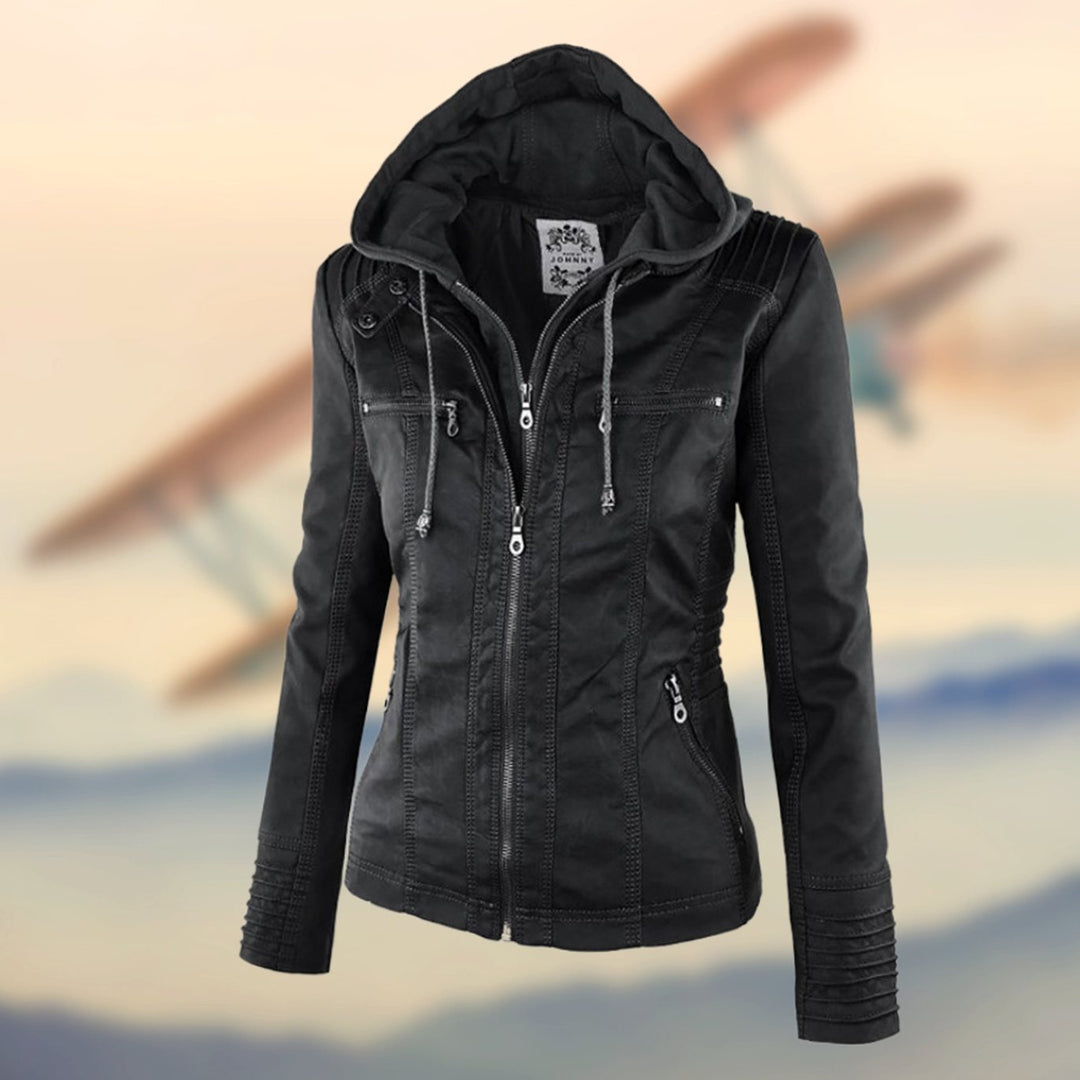 Women's Faux Leather Zip-Up Biker Jacket Ribbed Shoulder Detail - Black