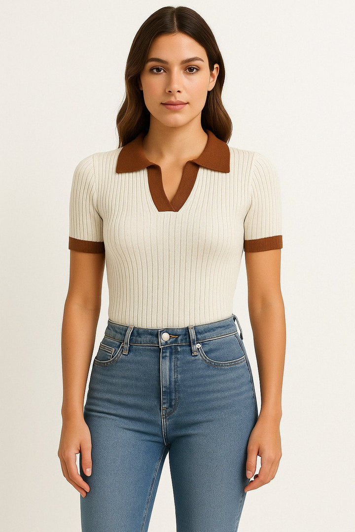 Selina │ Women's Ribbed Polo Collar Short Sleeve Fitted Knit Top
